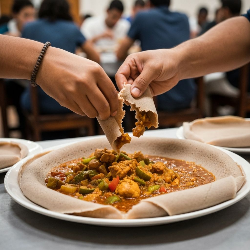 Traditional way of eating with injera