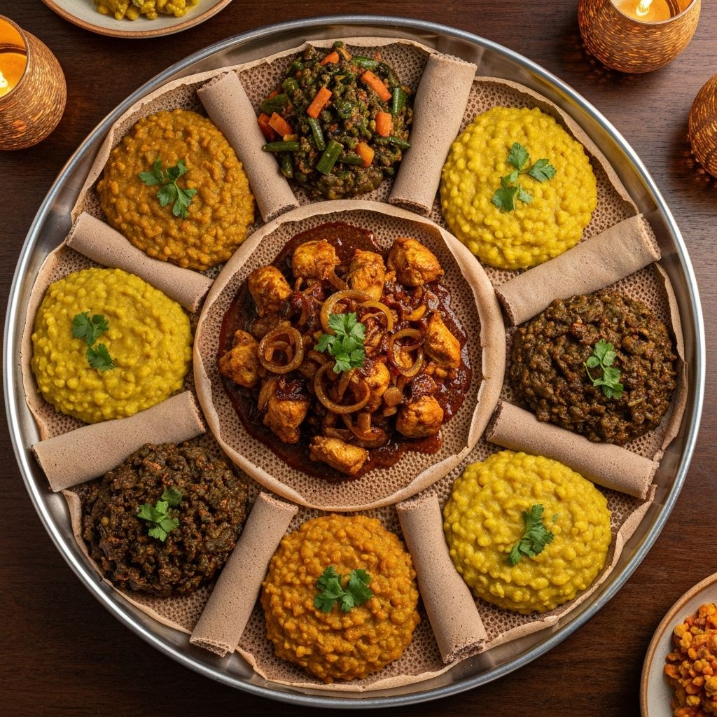 Traditional Ethiopian cuisine with colorful dishes on injera